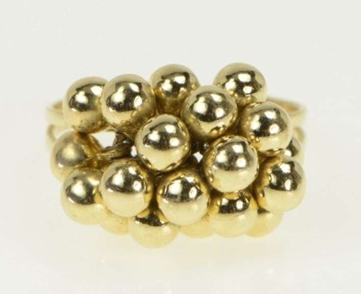 14K Yellow Gold Ball Cluster Tassel Shaker Pom Pom Statement Ring
