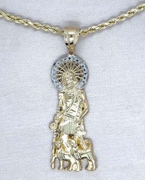 14K TWO- TONE GOLD SAINT LAZARUS CHARM NECKLACE ADORNED WITH CUBIC ZIRCONIA STONES.