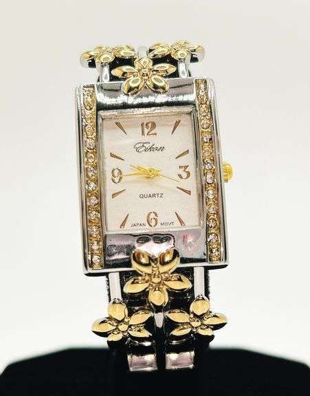 Beautiful Two-Tone Cuff Watch Bracelet with Gemstones