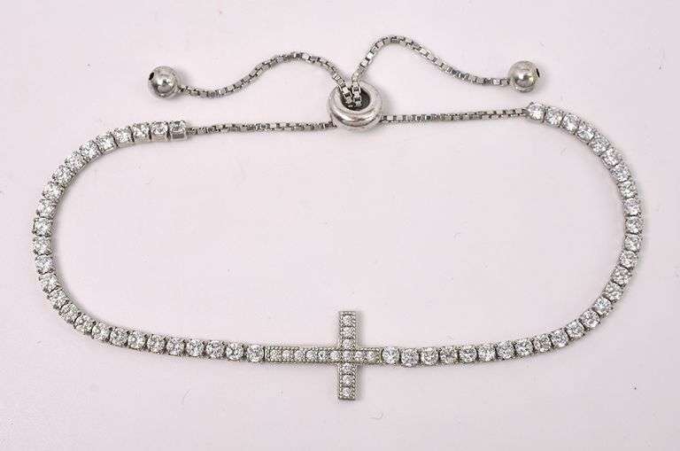 CZ Cross Adjustable Bracelet In Sterling Silver