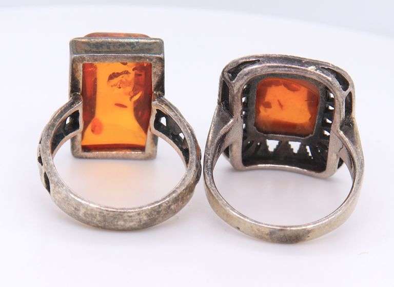 Lot of 2 Vintage 925 Sterling Silver Amber Rings