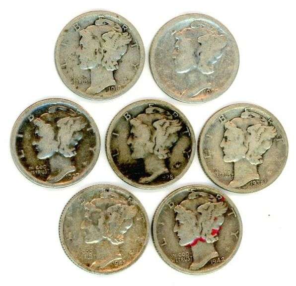 7 Different Silver Mercury Dimes