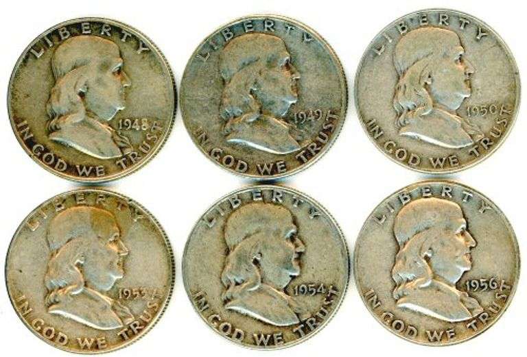 6 Different Silver Franklin Half Dollars