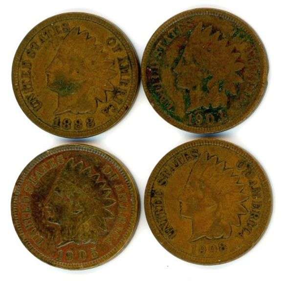 4 Different Indian Head Cents in Fine: 1888-1908