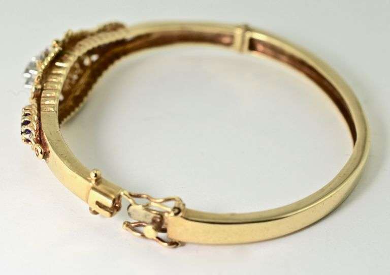 Unusual Vintage Filigree Gold Bangle with Diamonds and Amethysts