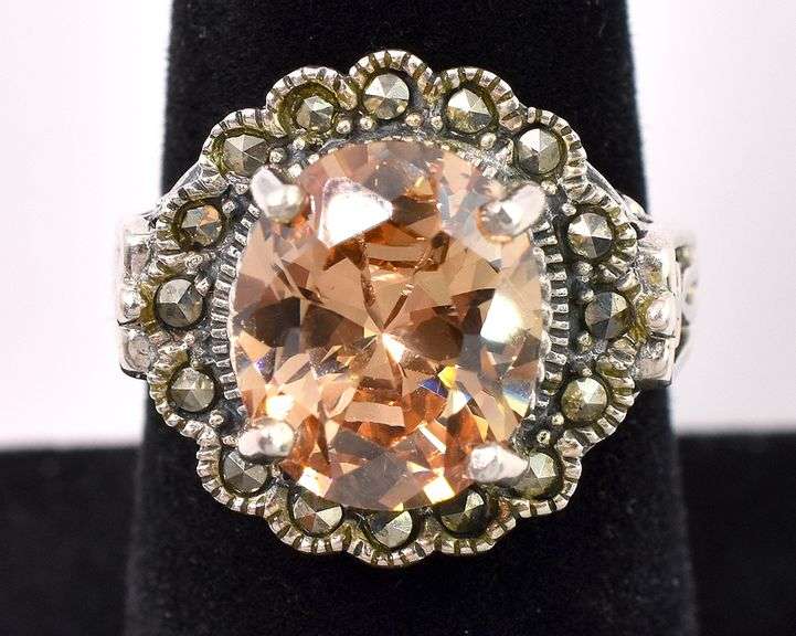 Yellow CZ And Marcasite Gem Ring In Sterling Silver