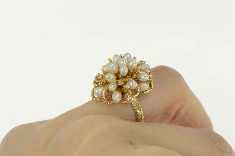 14K Yellow Gold 1960's Pearl Diamond Cluster Vintage Floral Ring