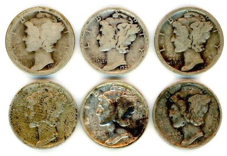 6 Different Silver Mercury Dimes: 1916-S-1945-S