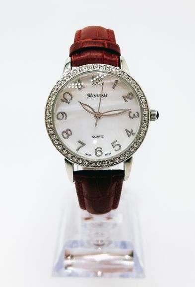 Beautiful Mother of Pearl & Gemstone Watch-Red Genuine Leather Band