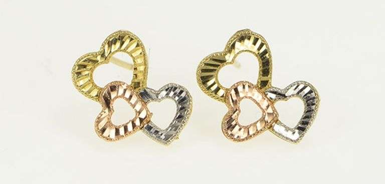 10K Yellow Gold Tri Tone Diamond Cut Heart Love Symbol Stud Earrings