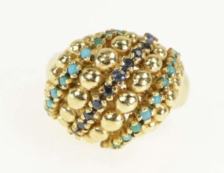 14K Yellow Gold 1960's Domed Turquoise Sapphire Striped Ring