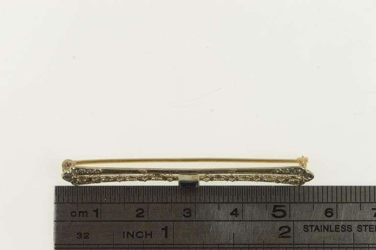 10K White Gold Art Deco Sapphire Ornate Filigree Bar Pin/Brooch