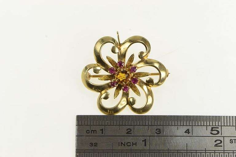 10K Yellow Gold 1950's Ornate Syn. Ruby & Citrine Flower Pendant/Pin