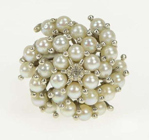 14K White Gold 1950's Pearl Diamond Cocktail Swirl Vintage Ring