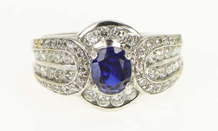 14K White Gold Oval Syn. Sapphire CZ Encrusted Statement Ring