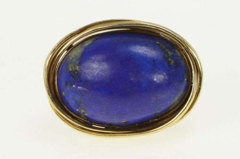 14K Yellow Gold 1960's Ornate Lapis Lazuli Cabochon Statement Ring