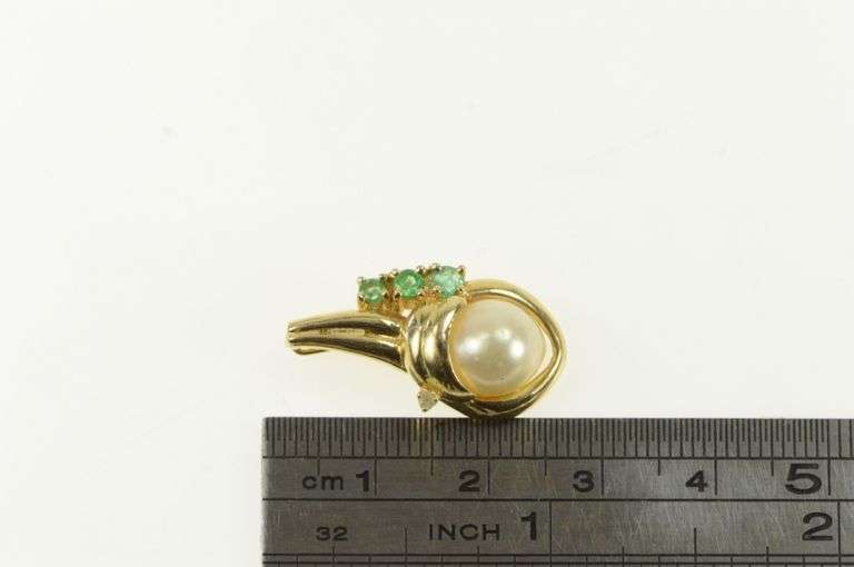 14K Yellow Gold Pearl Emerald Diamond Vintage Ornate Charm/Pendant