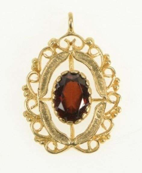 14K Yellow Gold Elaborate Oval Garnet Vintage Statement Charm/Pendant