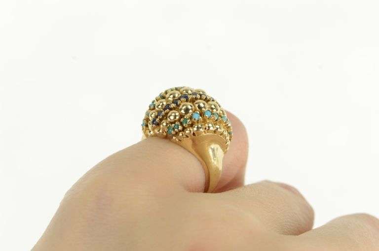 14K Yellow Gold 1960's Domed Turquoise Sapphire Striped Ring