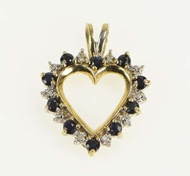 10K Yellow Gold Diamond Sapphire Classic Heart Vintage Love Pendant