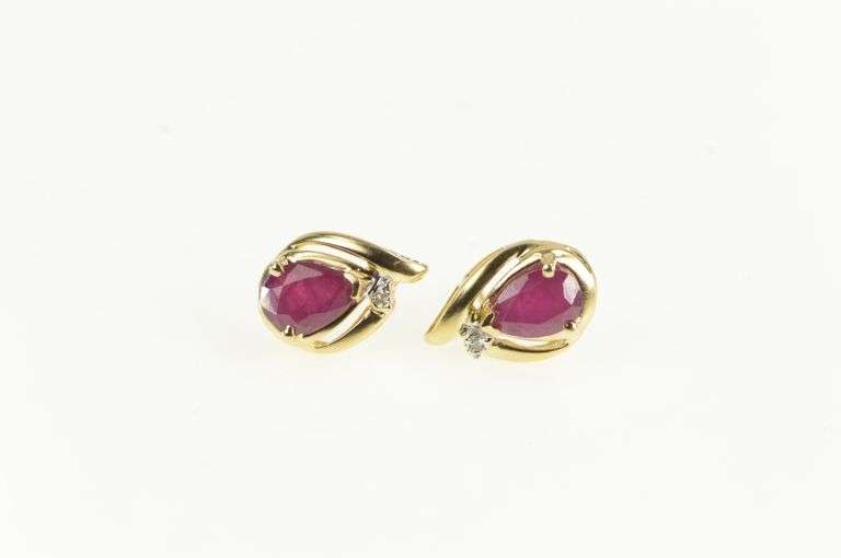 14K Yellow Gold Pear Ruby Diamond Accent Classic Vintage Earrings