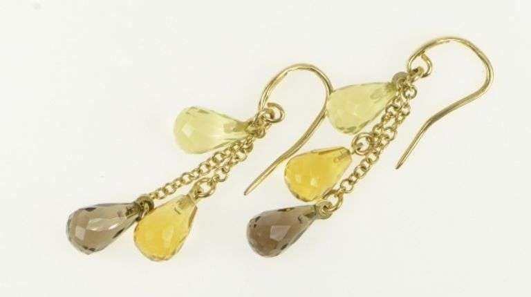 14K Yellow Gold Smoky Quartz Drop Fringe Tassel Dangle Earrings