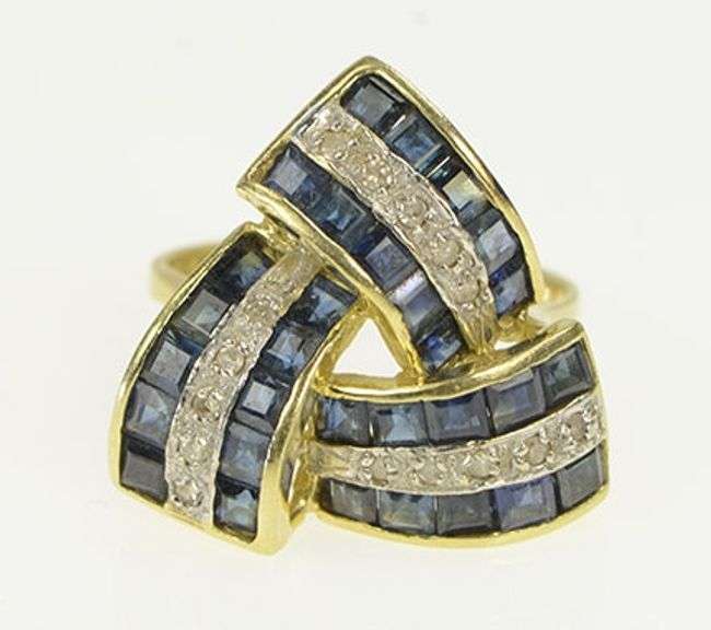 14K Yellow Gold Princess Sapphire Diamond Triangular Knot Ring