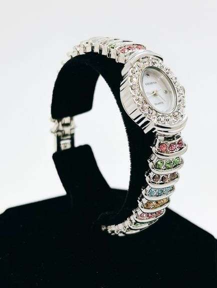 Ladies Geneva & Gemstone Watch, 18kt White Gold Plated