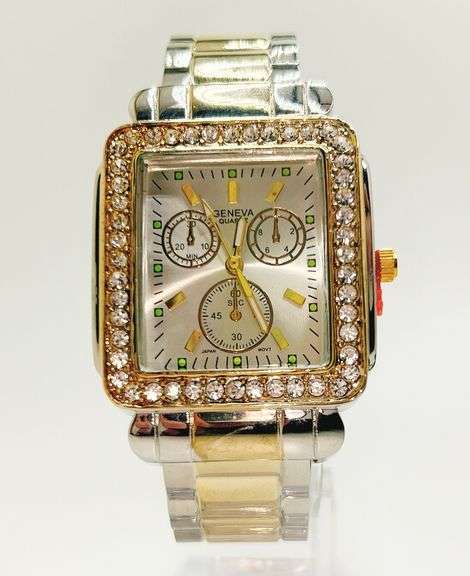 Fancy Square Face Geneva Cuff Watch with Gemstones!