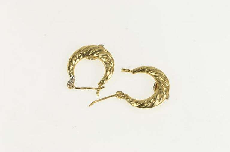 14K Yellow Gold Diamond Accent Vintage Puffy Twist Hoop Earrings