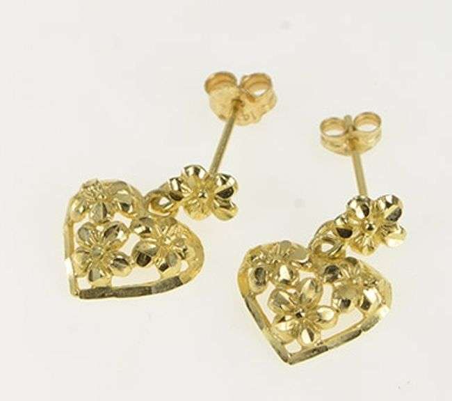14K Yellow Gold Flower Pattern Heart Love Symbol Dangle Earrings