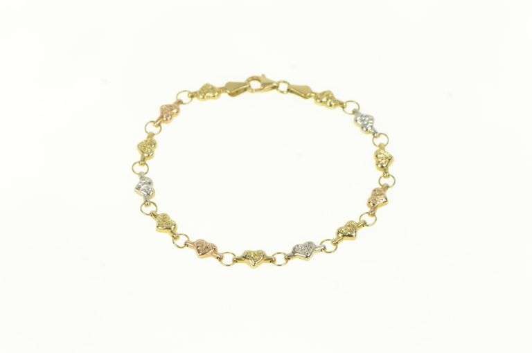 14K Yellow Gold Tri Tone Puffy Heart Link Vintage Tennis Bracelet