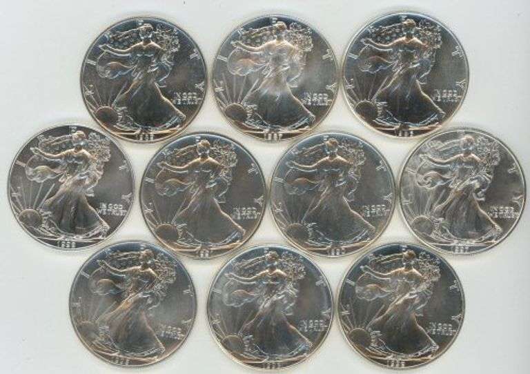 Superb Gem BU run of 10 Different $1 Silver Eagles 1986 to 1999
