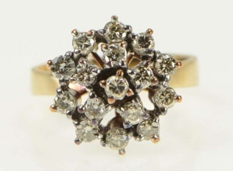 10K Yellow Gold 1960's 0.65 Ctw Diamond Cluster Cocktail Ring