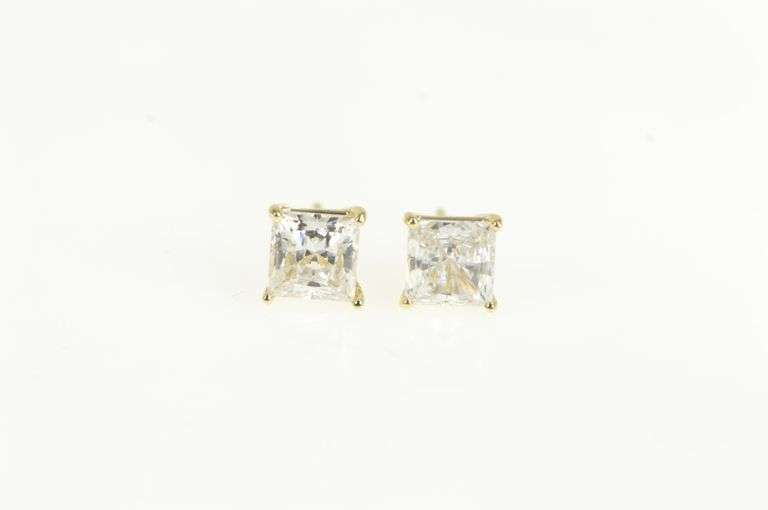 14K Yellow Gold Princess Solitaire Cubic Zirconia Vint. Stud Earrings