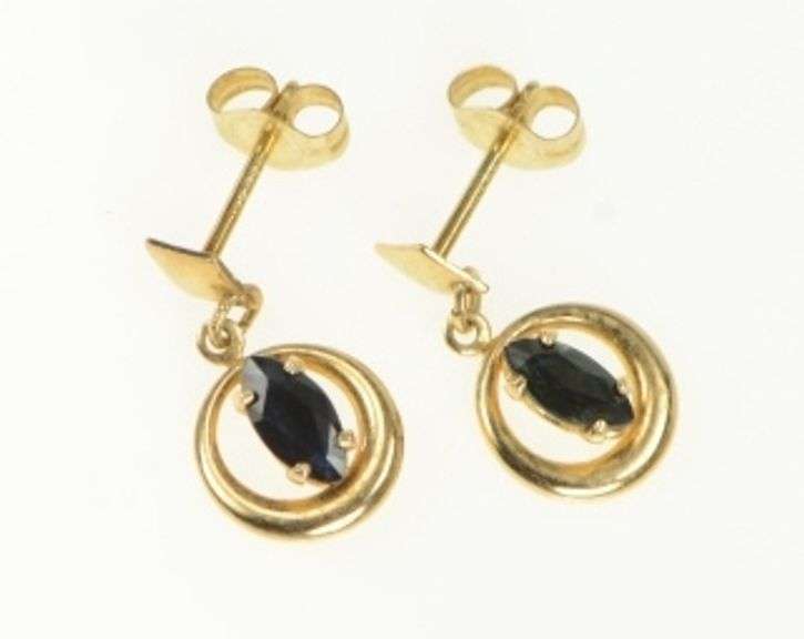 14K Yellow Gold Marquise Natural Sapphire Round Dangle Earrings