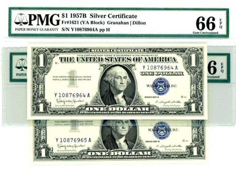 2 1957-B $1 Silver Certificates in PMG66EPQ