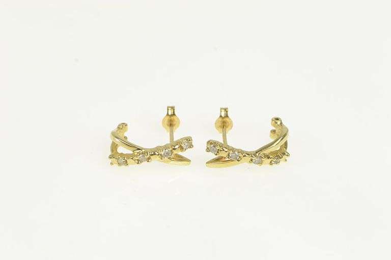 10K Yellow Gold X Criss Cross Diamond Semi Hoop Curved Earrings