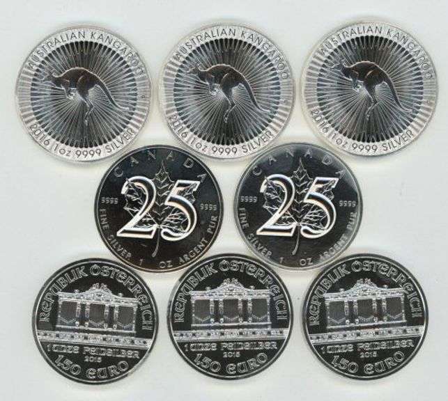 Super lot of 8 Special BU 1 Troy oz pure .999 fine silver World coins