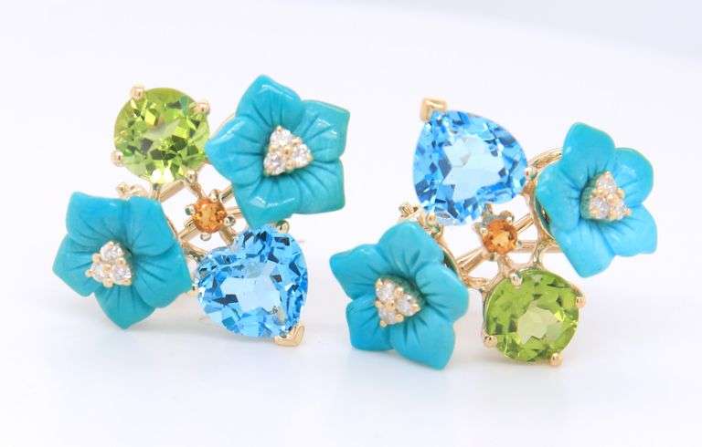 Lovely Yellow Gold Floral Turquoise Flower with Diamond and Topaz, Peridot, Citrine Omega Back Earrings