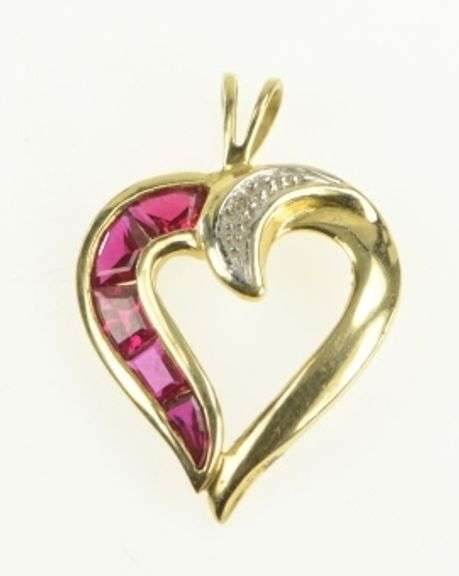 14K Yellow Gold Syn. Ruby Diamond Heart Love Symbol Pendant