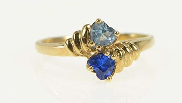 10K Yellow Gold Heart Blue Topaz Syn. Sapphire Bypass Ring