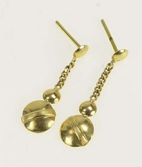 14K Yellow Gold Round Circle Striped Dangle Vintage Statement Earrings
