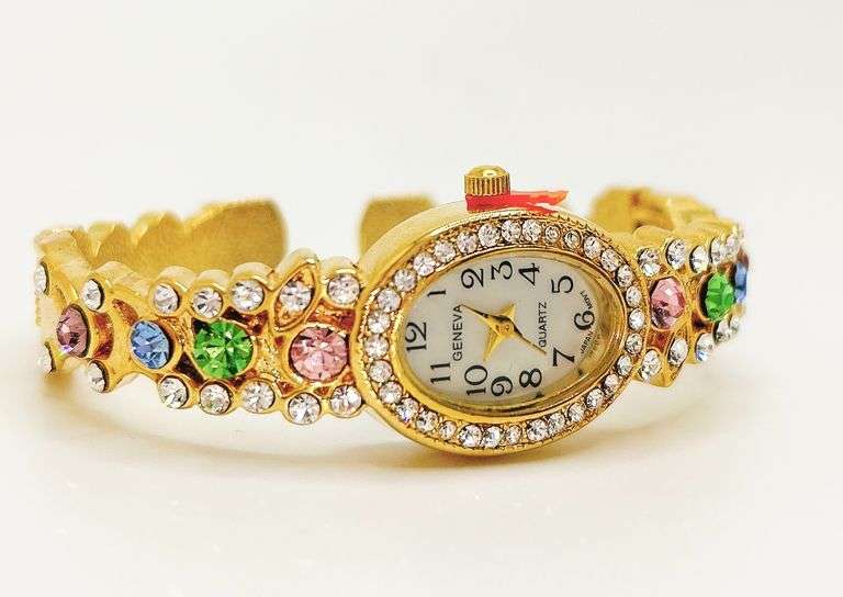 Ladies Geneva & Gemstone Watch, 18kt Yellow GP Cuff
