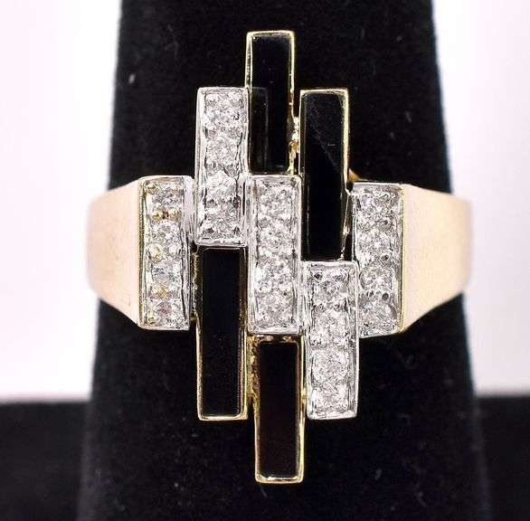 Unique Black Onyx and Diamond Ring in 14K Yellow Gold