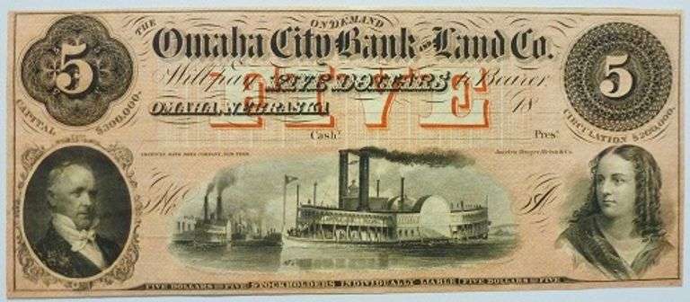 Superb Crisp 1800's $5 Omaha City Bank & Land Company-Tough Note!