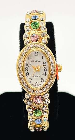 Ladies Geneva & Gemstone Watch, 18kt Yellow GP Cuff