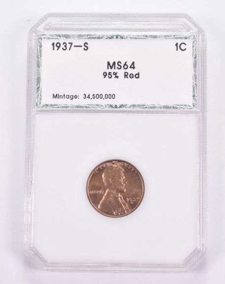 MS64 1937-S Lincoln Wheat Cent - 95% Red - Graded PCI