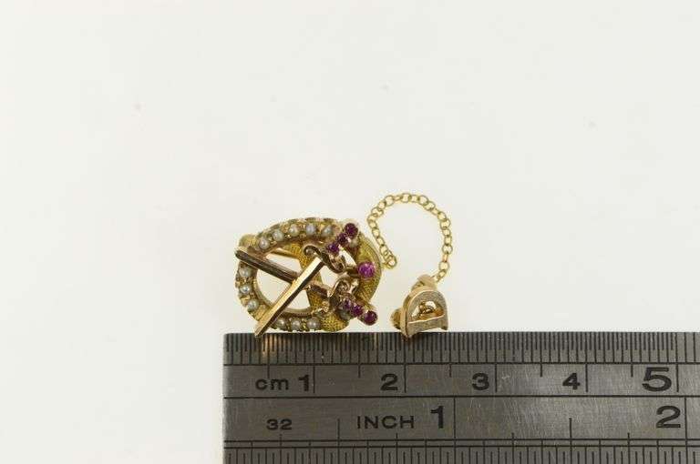 14K Yellow Gold Victorian Crossed Sword Seed Pearl Pin/Brooch