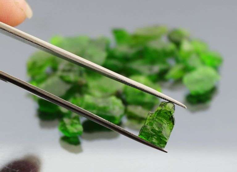 Rich forest green 50ct rough Chrome Diopside set